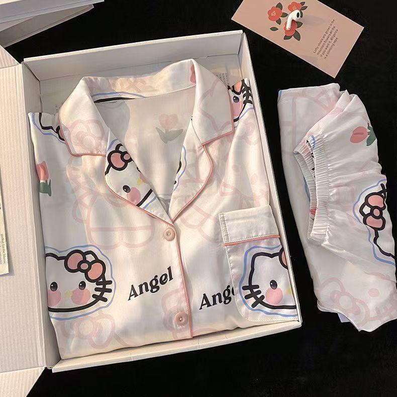 

Summer thin pajamas women s summer short-sleeved shorts cardigan set super cute sweet Kitty cat student loungewear S [recommended weight 35-40kg]