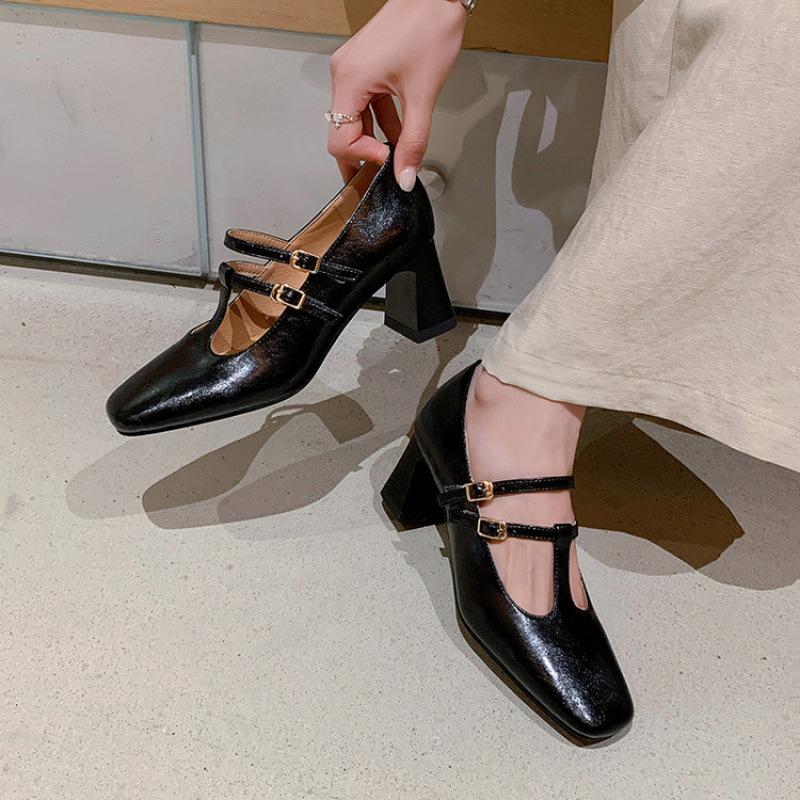 Square heel buckle non-slip beef tendon sole single shoes, new comfortable cowhide fashion single shoes for women, square head high heel small leath