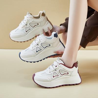Women's Summer Breathable Mesh Sneakers Comfortable Lace-Up Running Shoes PU Leather Chunky Platform Walking Shoes Non-Slip Tennis Sneakers for Women