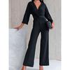 Fashion Stylish Pleated Wide-Leg Straight Pants Women's 2024 Summer New Arrival Pure Color Deep V Neck High Waist Jumpsuit Women