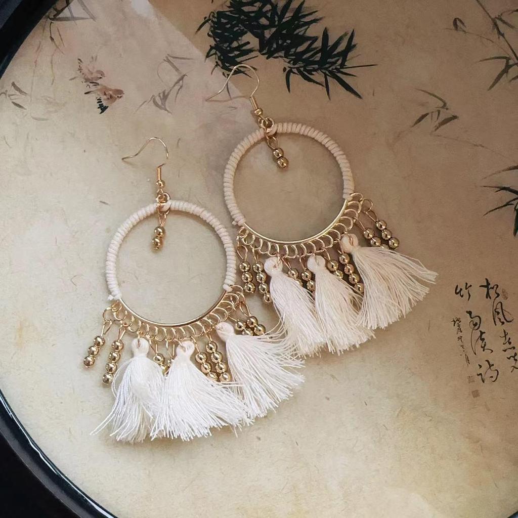 Bohemian Feather Seed Bead Tassel Earrings - Retro Ethnic Dangle Jewelry