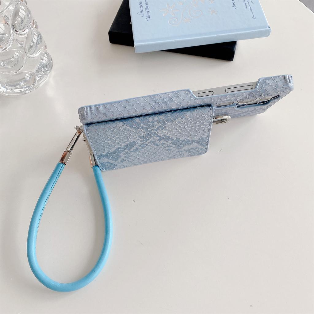 For Samsung Galaxy S24 Ultra Case Card Holder Mirror Snake Texture PU+PC Back Cover with Lanyard