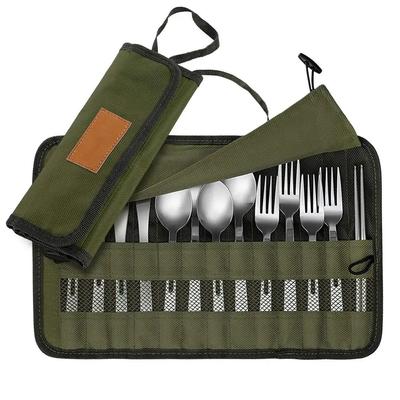 Bolsa de almacenamiento de vajilla para exteriores, portátil, de poliéster, para cubiertos, bolsa enrollable para acampar, barbacoas, viajes y playa.