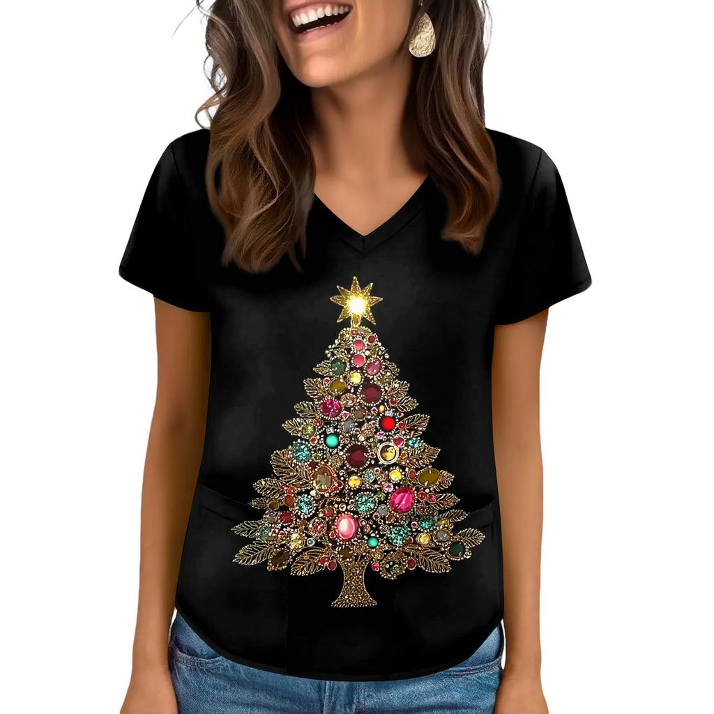 Women's V-neck Christmas Print Short-sleeved Pocket Side Slit Uniform Top