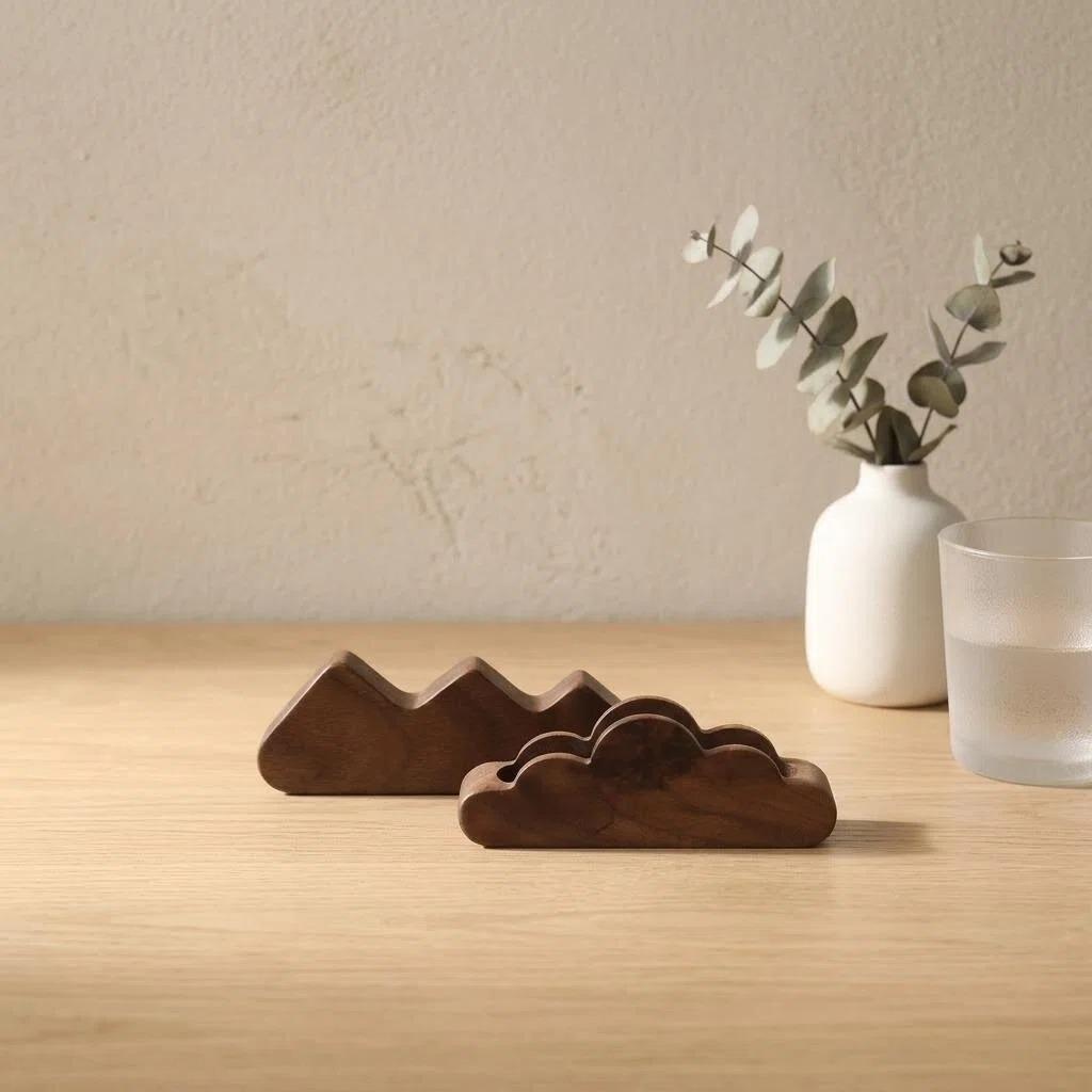 Solid Black Walnut Business Card Holder - Men's Desk Stand & Wooden Gift Box Storage