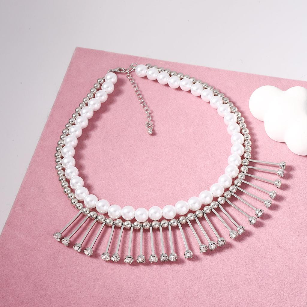 Exaggerated vintage double-layered wearing imitation pearl temperament tassel collar personalized trend model
