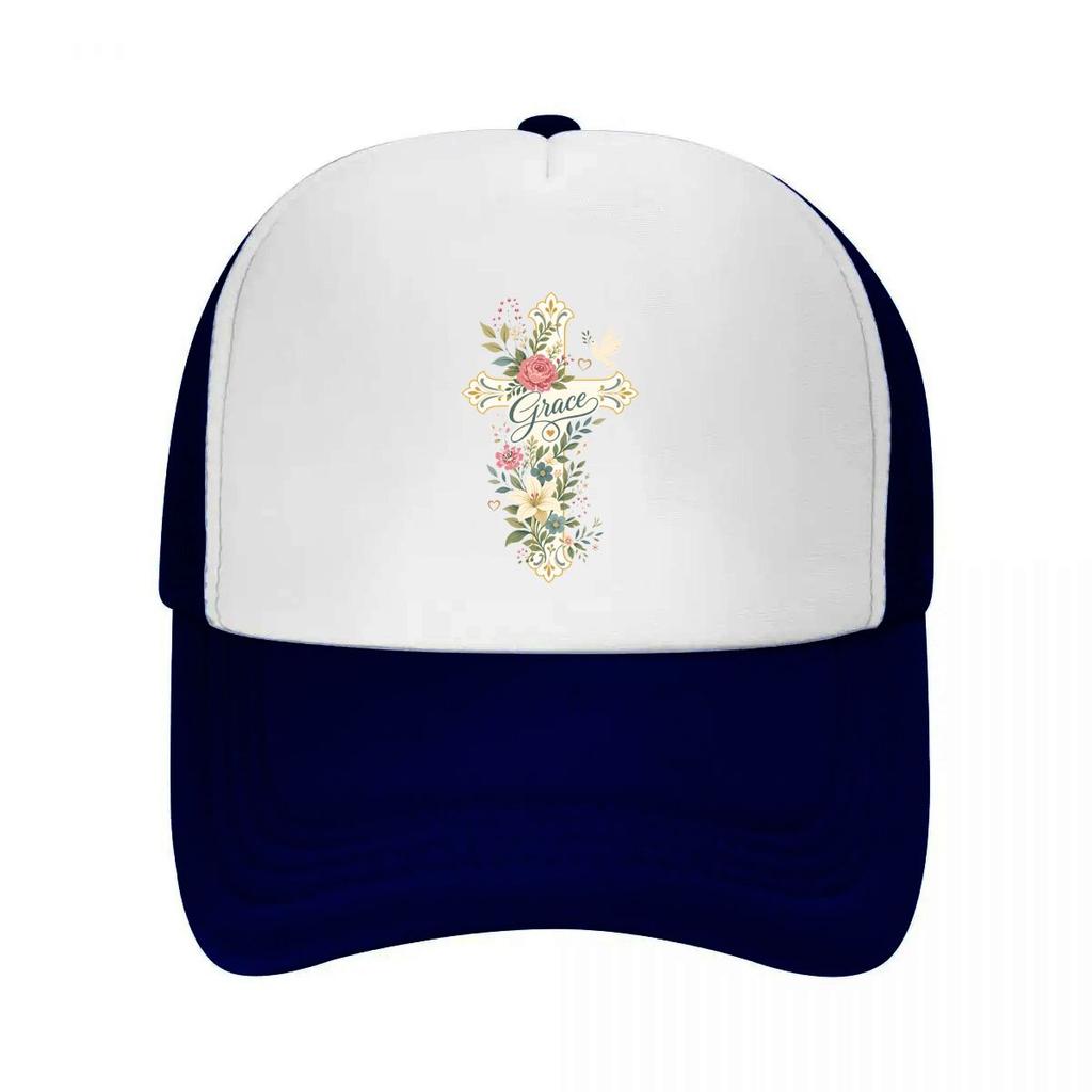 Grace Filled Floral Cross Blessing Mesh Baseball Cap Casual Hat Outdoor For Womens Unisex FeUnisex