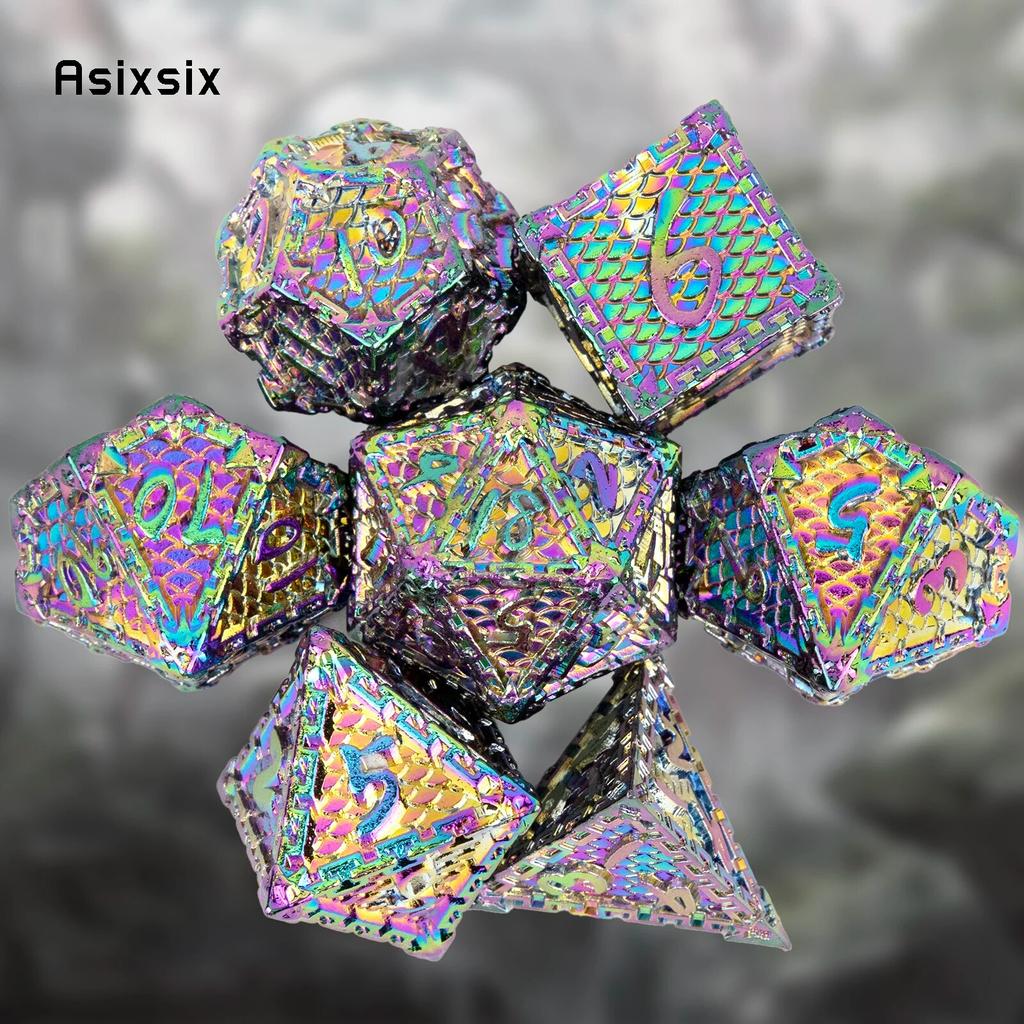 7 Pcs Colorful Fish Scale Metal Dice Solid Metal Polyhedral Dice Set Suitable for Role-Playing RPG  Board Game Card Game