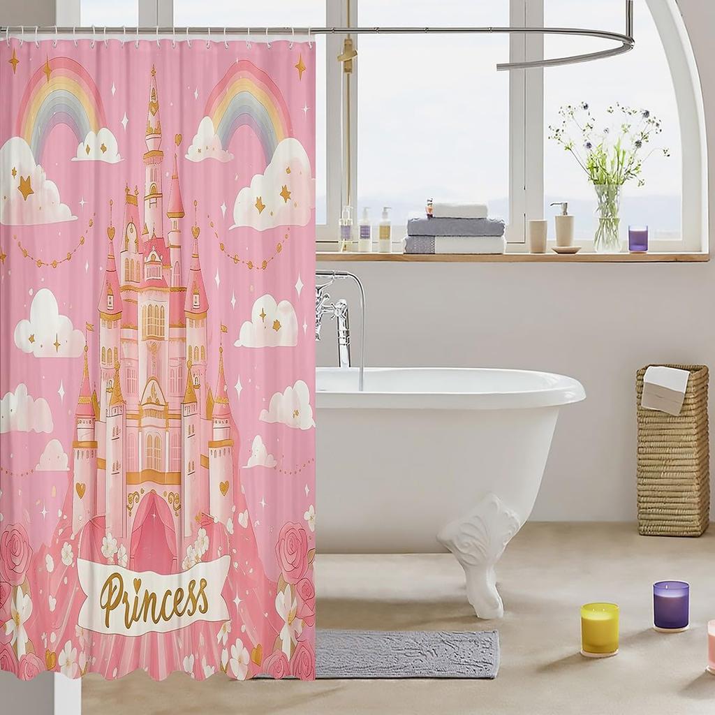 Pink Castle Bathroom Shower Curtain Girly Princess Themed Pattern shower Curtain,Rainbow Glitter Flowers Fabric Shower Curtain
