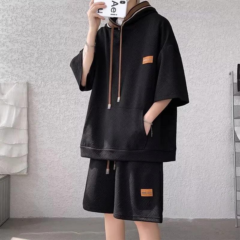 

Плюс размер 8XL унисекс летний повседневный свитер с капюшоном костюм шорты с короткими рукавами из двух частей рукава три четверти XXL чёрный