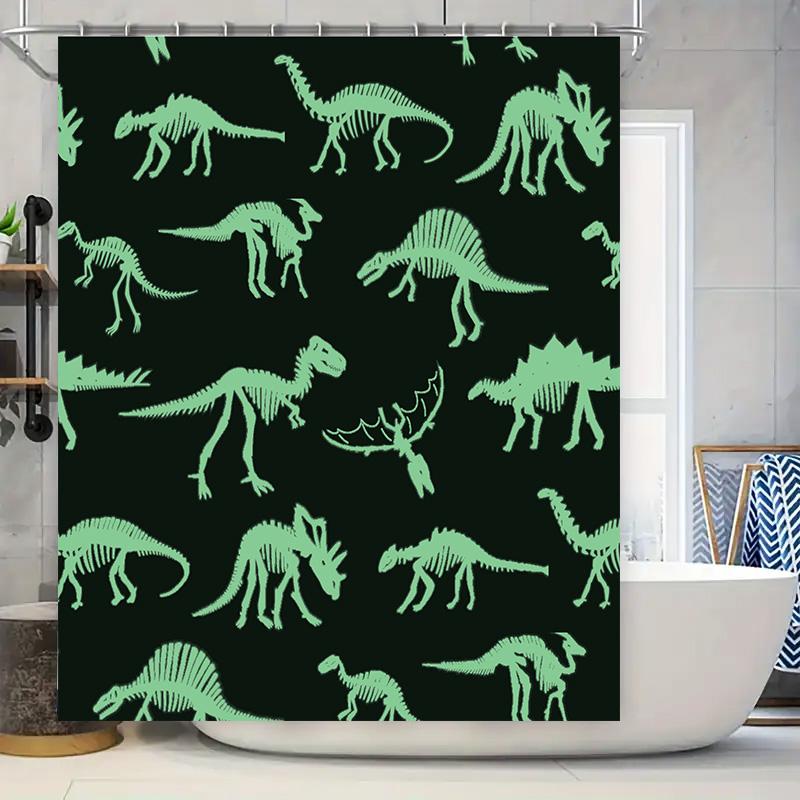 Green Dinosaur Skeleton Print Bathroom Shower Curtain for Kids Home Decor Black Background with Cute Dinosaurs Pattern Size: 72x 90x180cm