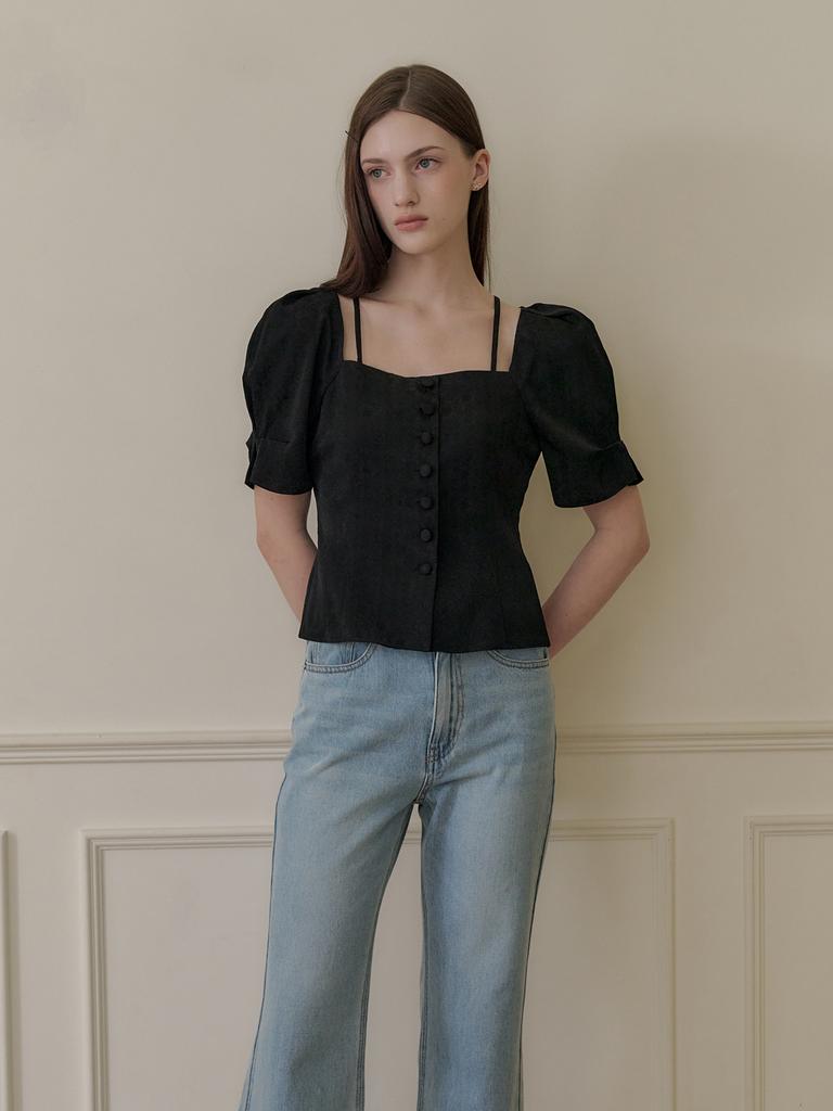 Peulomdeimomeonteu Satin Strap Button Blouse_Black