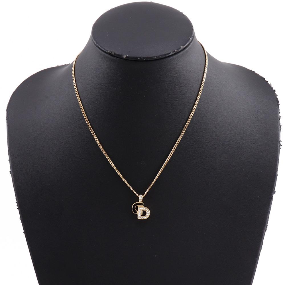 Dior CD Logo Necklace Plated Gold/Rhinestone 7.2g Women Used