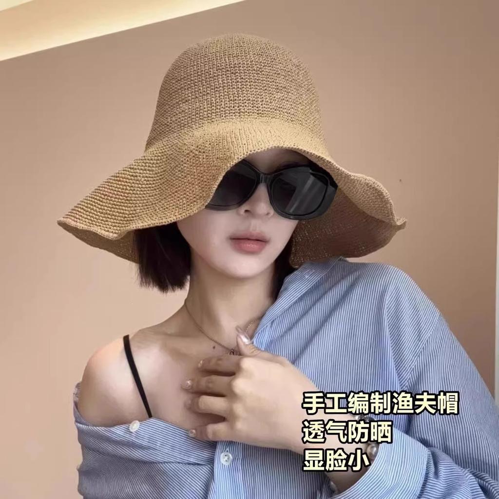 Pure Hand-Woven Big-Brimmed Straw Hat, High-Quality Bucket Hat, Fashionable Sunshade Straw Hat, Face-Showing Small Vacation Sun Protection Hat