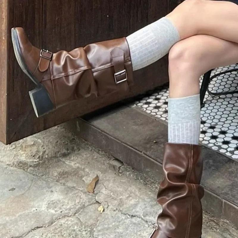 Fashion 2024 New Spring and Autumn Women's Boots Fashion Square Toe Medium Heel Solid Color Glossy Buckle Sleeve Women's High Boots