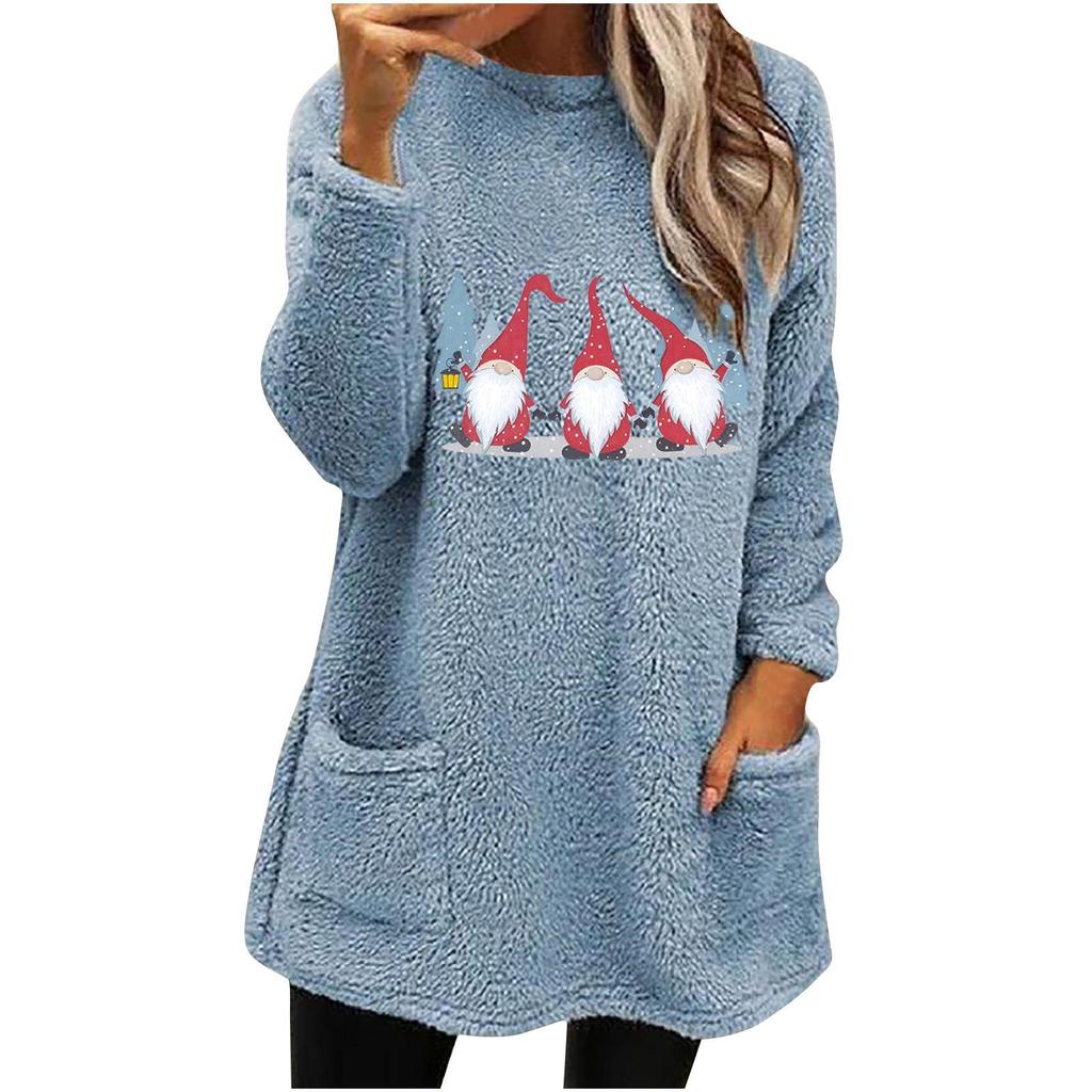 European & American Women's Christmas Gnome Print Plush Hoodie - Round Neck, Loose Fit, Long Sleeve, with Pockets