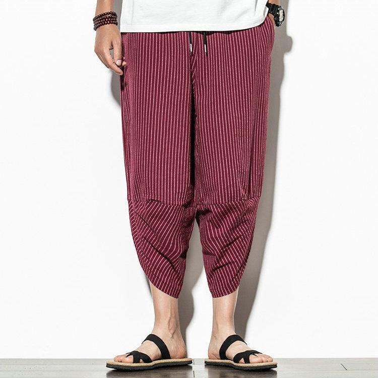 Harajuku Casual Wide Leg Harem Pants Men 2024 Summer Cotton Baggy Pants Striped Calf Length Trousers