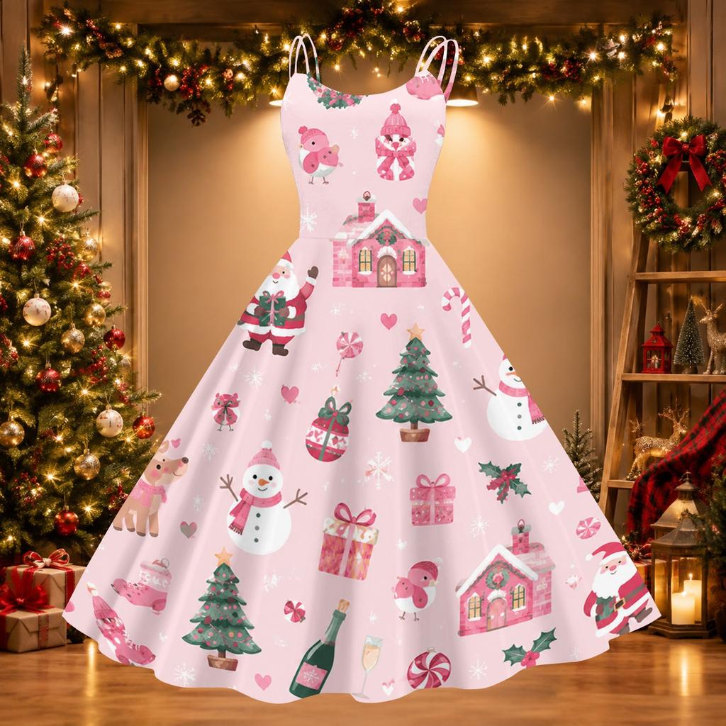 Women's Sexy Off Shoulder Christmas Print Retro Dress for Party