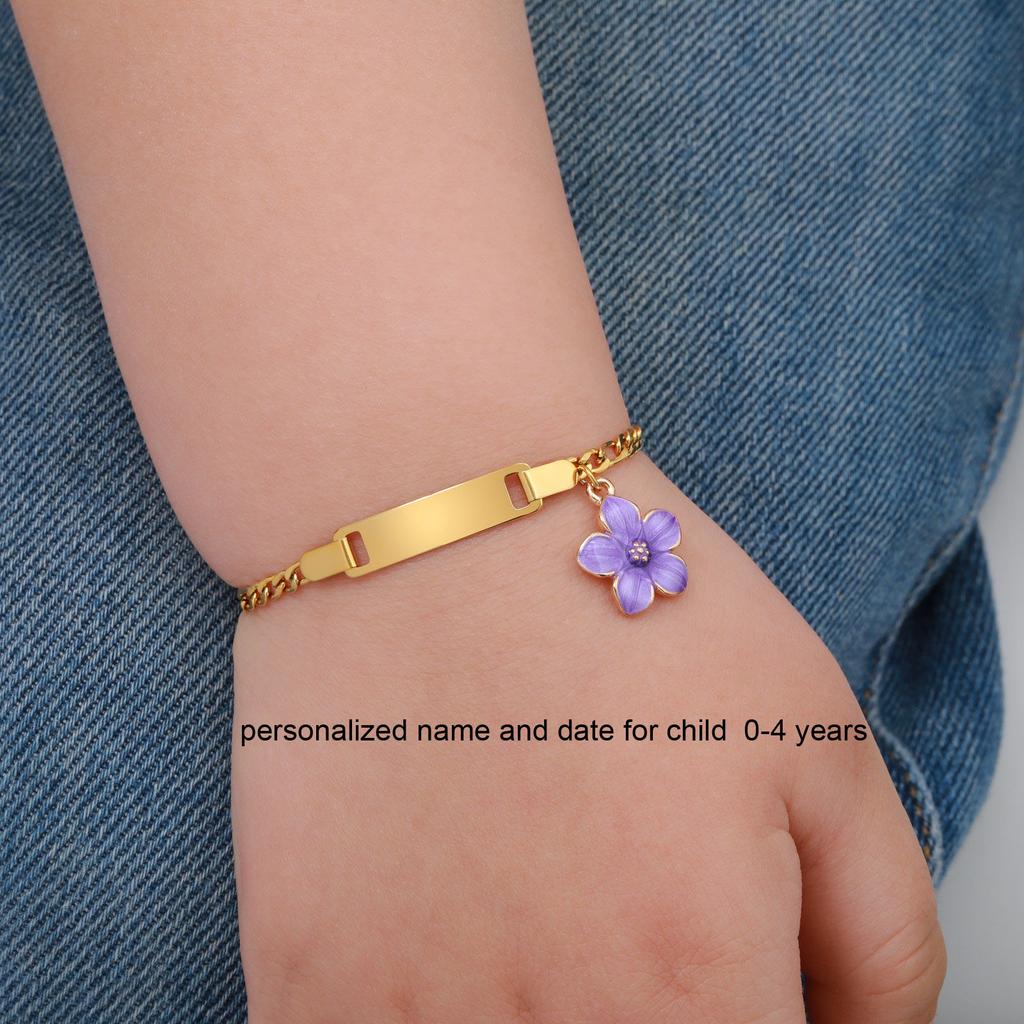 Stainless Steel Engravable Bar ID Namedate Bracelet, Cherry Blossom Charms Kids Bracelet, Personalized Newborn Birthday Gift