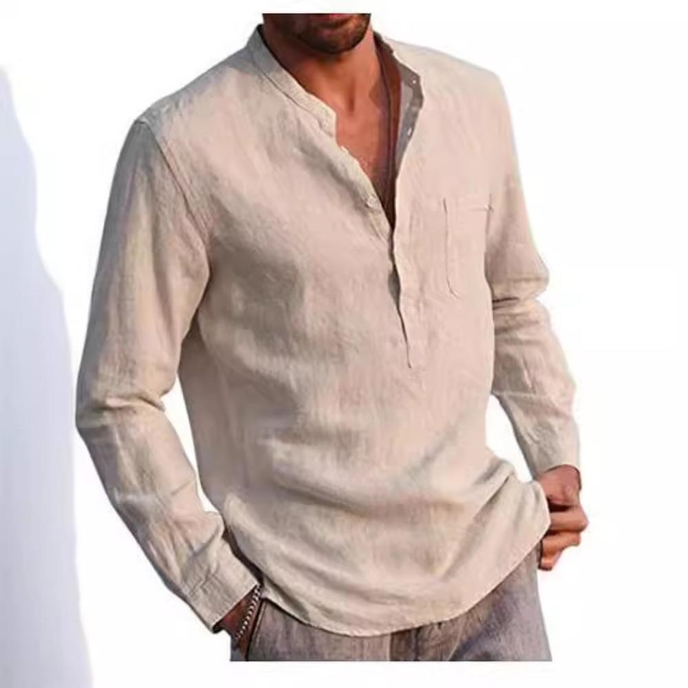Herren Langes Ärmel V-Ausschnitt Lässig Strand Leinen Hemd