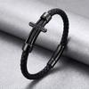 Mens Genuine Leather Bracelet Stainless Steel Wheat Cross Charm Braided Leather Bracelets Religious Christian Jewelry for Men