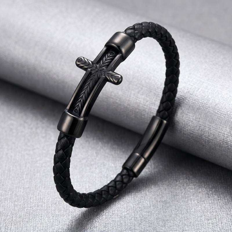 Mens Genuine Leather Bracelet Stainless Steel Wheat Cross Charm Braided Leather Bracelets Religious Christian Jewelry for Men