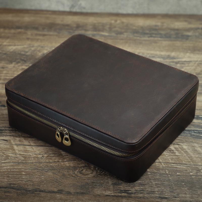 Retro Crazy Horse Cowhide Leather Watch Box - 10-Slot Handcrafted Storage for Wristwatches