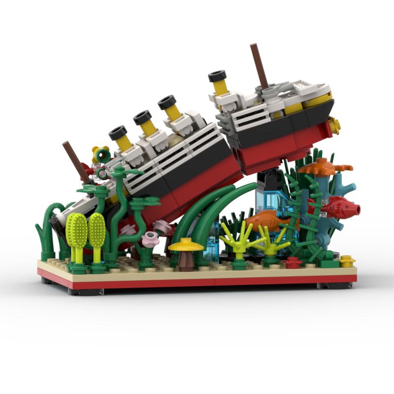Model výletní lodi Titanic, MOC, rozlomit na polovinu, stavební bloky, mořský život, ryby, rostliny, cihly, sady lodí, vystavené a sestavené hračky