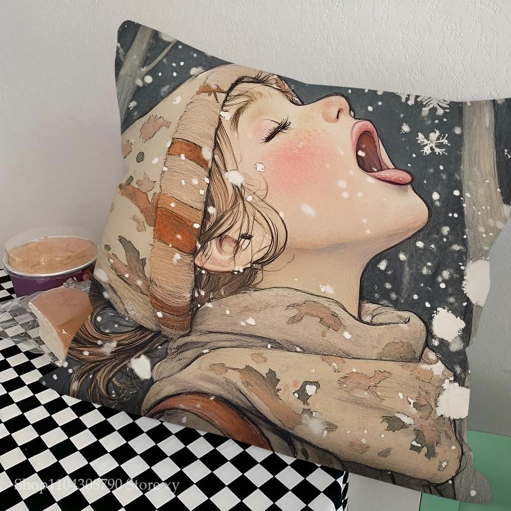 Christmas Snowflake Little Girl Pillow Case Fashion Square Pillowcase Bedroom Sofa Room Ins Decoration Leisure Cushion Cover