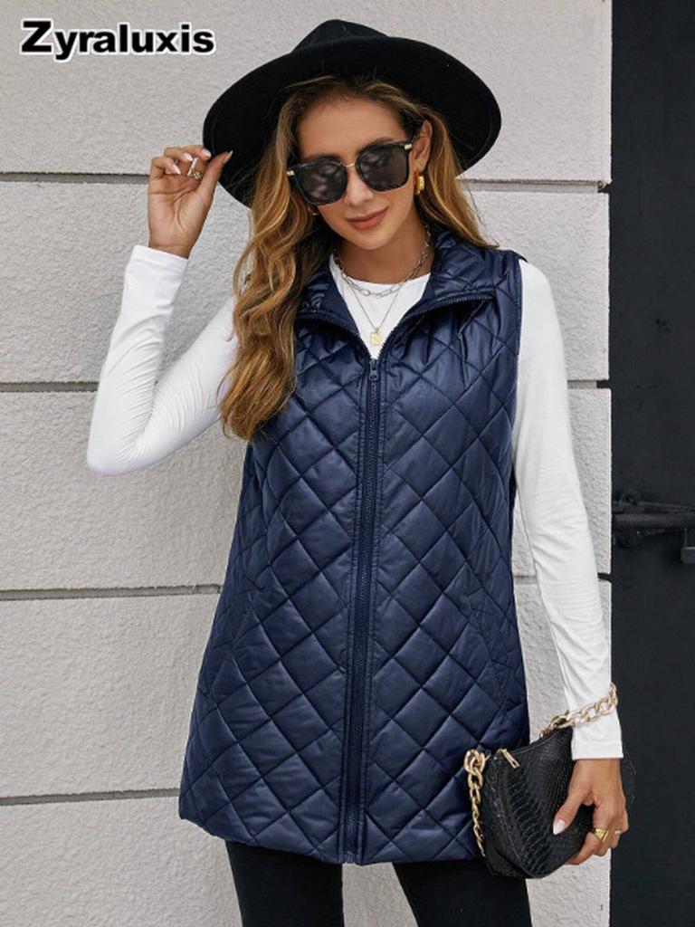 Neues einfarbiges, lang geschnittenes, gestepptes Baumwoll-Westen-Streetwear für Damen