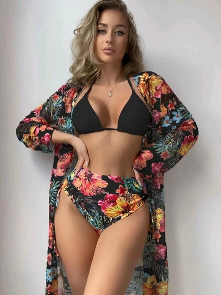 New swimsuit bikini long-sleeved blouse sexy tight-fitting printed split bikini three-piece set