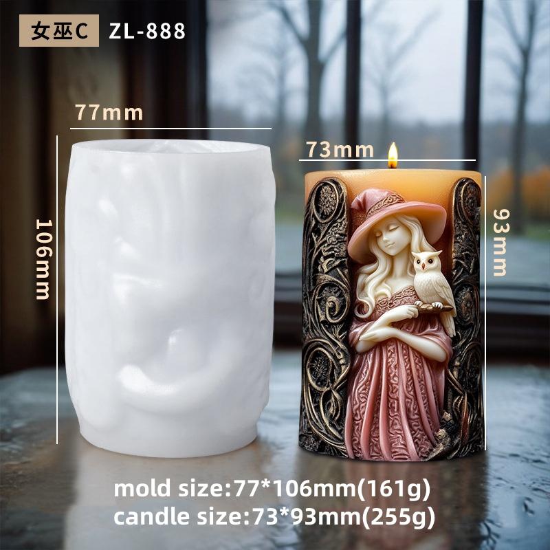 3D Witch Cylinder Candle Silicone Mold DIY Skull Witch Relief Cylinder Aromatherapy Resin Silicone Mould Halloween Decor Gifts