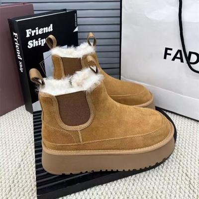 Pelz Plateau Chelsea Damen Stiefeletten Schnee Stiefel Flats Wildleder Warm Plüsch Baumwollschuhe Frau Marke Winter Trend Lässig Gemütlich Botas Mujer
