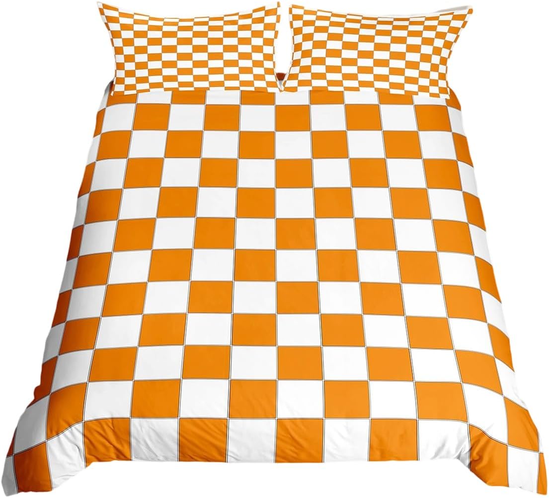 Ensemble de housse de couette à carreaux blanc et orange Taille simple Ensemble de literie à carreaux avec 1 taie d'oreiller Housse de couette Gingham 210*210cm