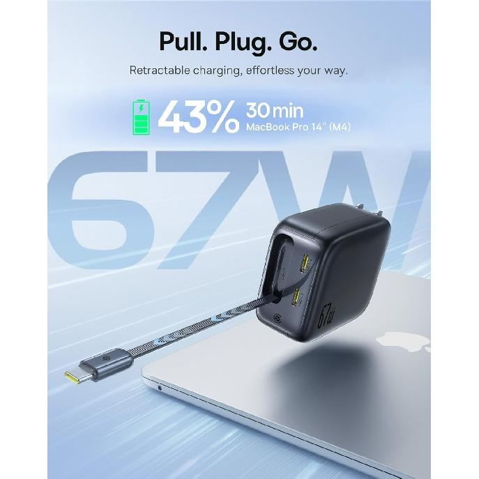 Baseus Retractable USB C Charger, 67W 3 in 1 Fast Charging Block with Foldable Plug, Enercore CJ11 PD/PPS for Galaxy S25/iPhone 17/16/15