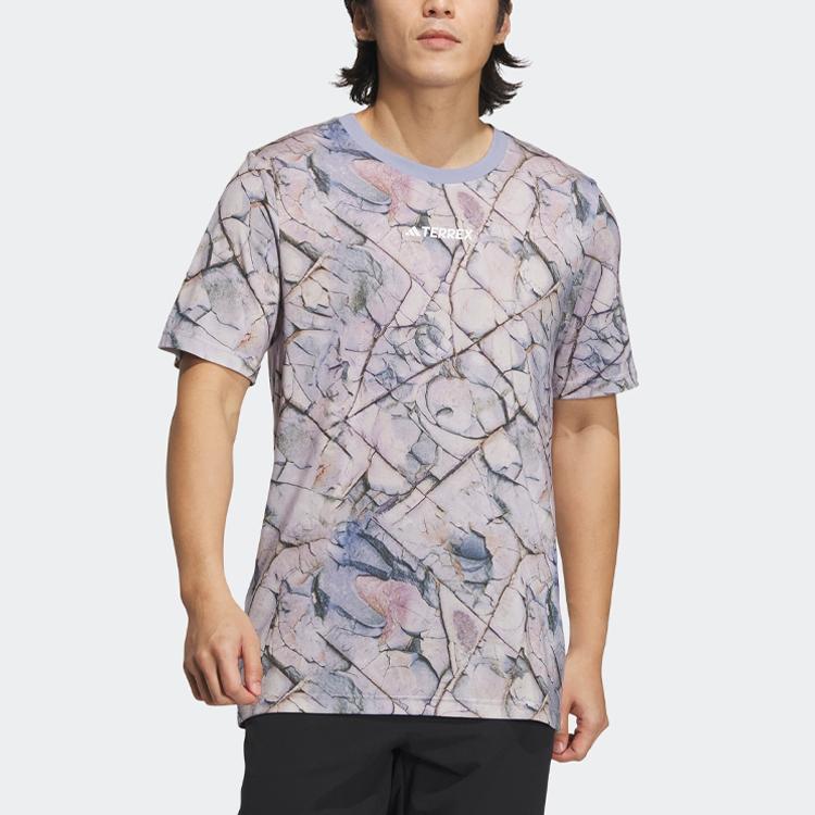 Adidas National Geographic Spolupráce Tencelové Tričko s Celoplošným Potiskem Loga Unisex Topy Stříbrno-Šedá Fialová IC2000