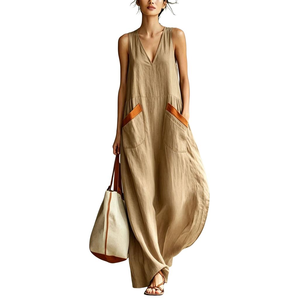 Women Sleeveless V Neck Loose Fit Lightweight Maxi Dress with Pockets Casual Summer Long Dress for Daily Wear