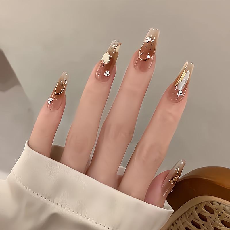 French Press-On Nails, Medium-Long Length, Cream Blush Brown, Removable, Advanced Whitening, Finished Manicure Patches.