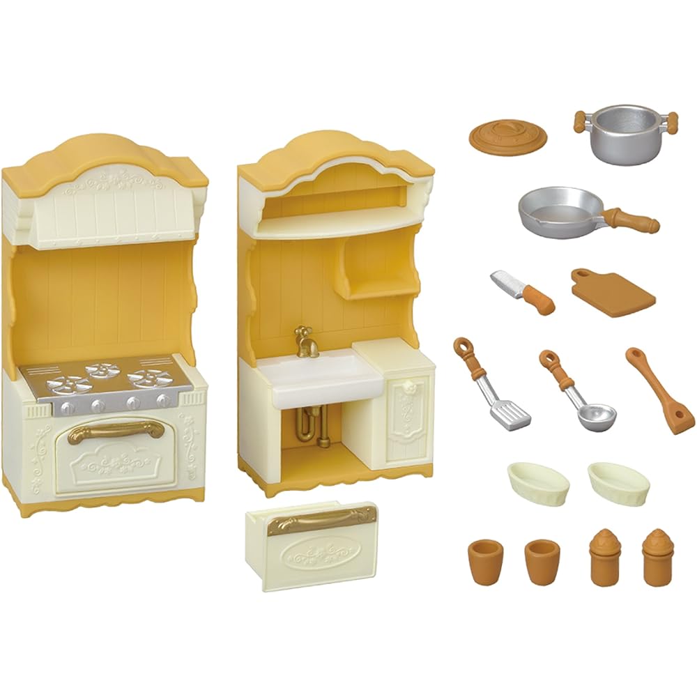 Sylvanian Families EPOCH Kitchen Set with Stove and Sink for Dollhouse Toys Ages 3 and Up