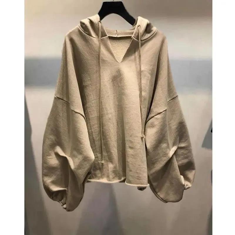 Women's Spring Loose Thin Sweatshirt Solid Color Design Hooded Top