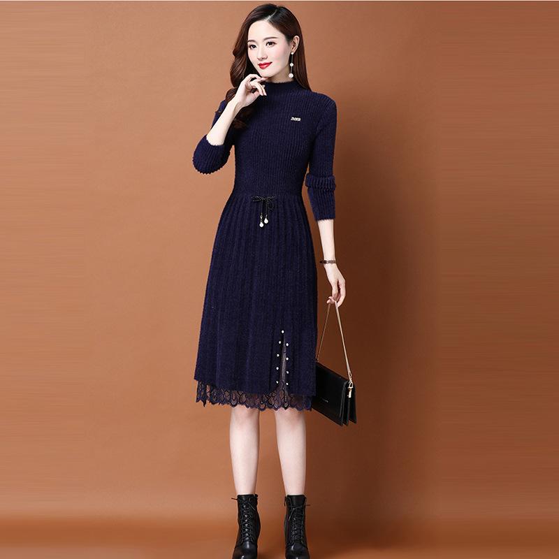 

Вязаное платье из норкового флиса для женщин на осень и зиму, трикотажное платье-свитер длиной до колена, однотонное, повседневное, с полувысоким воротником 2XL фиолетовый