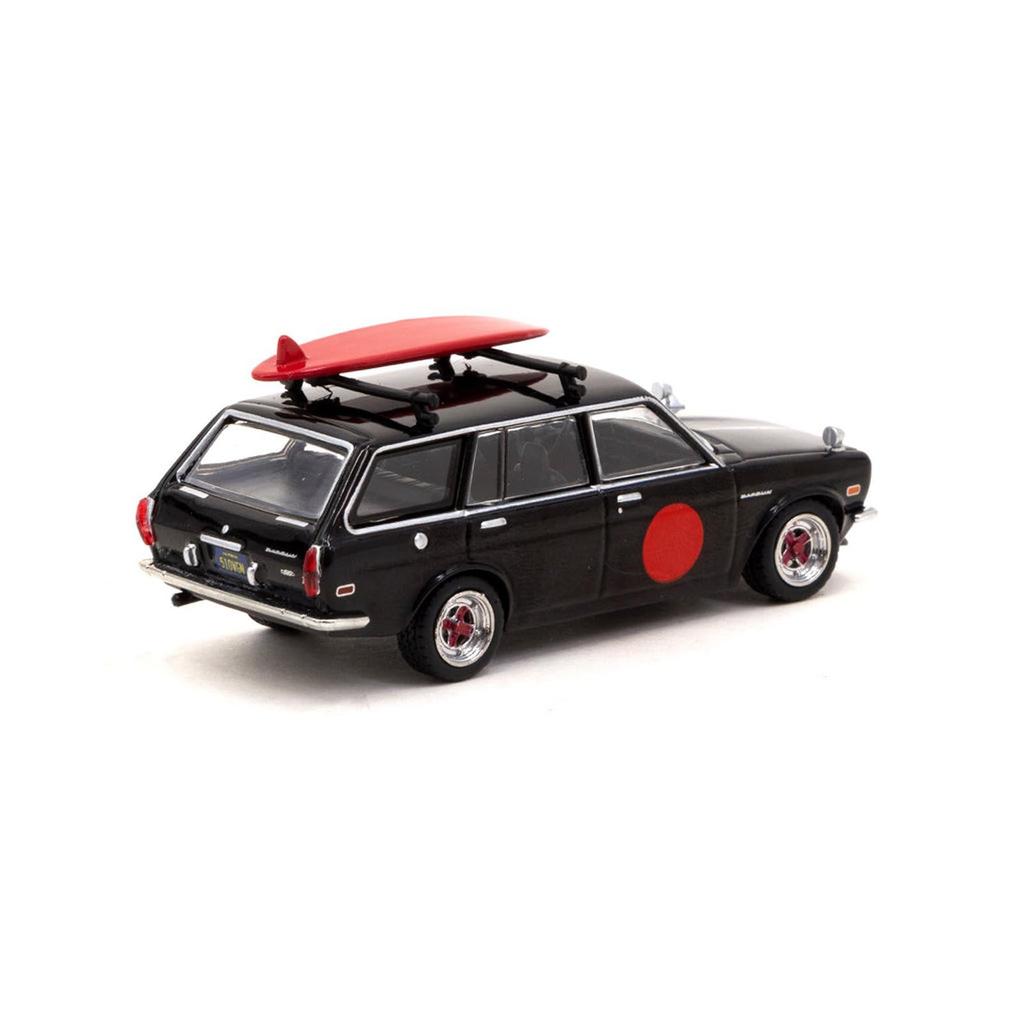 Generic Tarmac Works Datsun Bluebird 510 Wagon Black with Red Graphics and Roof Rack and Surfboard Global64 Series Diecast Model Car 1/64 T64G-026-BK