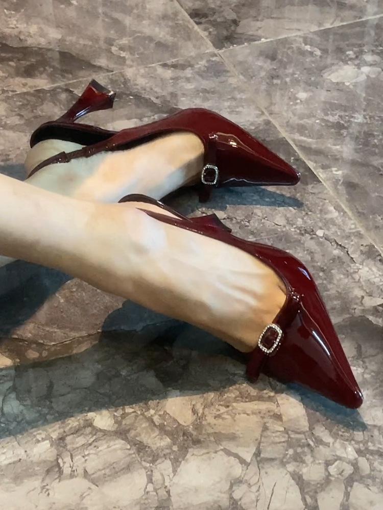 Burgundy Bow Buckle Rhinestone Sandals Women's Horseshoe Heel One-word Strap Sexy Celebrity High Heels