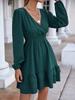 Women V Neck Long Lantern Sleeve Dress, Ruffle Hem A Line Flowy Dress, Elegant Commuter Midi Dress for Spring