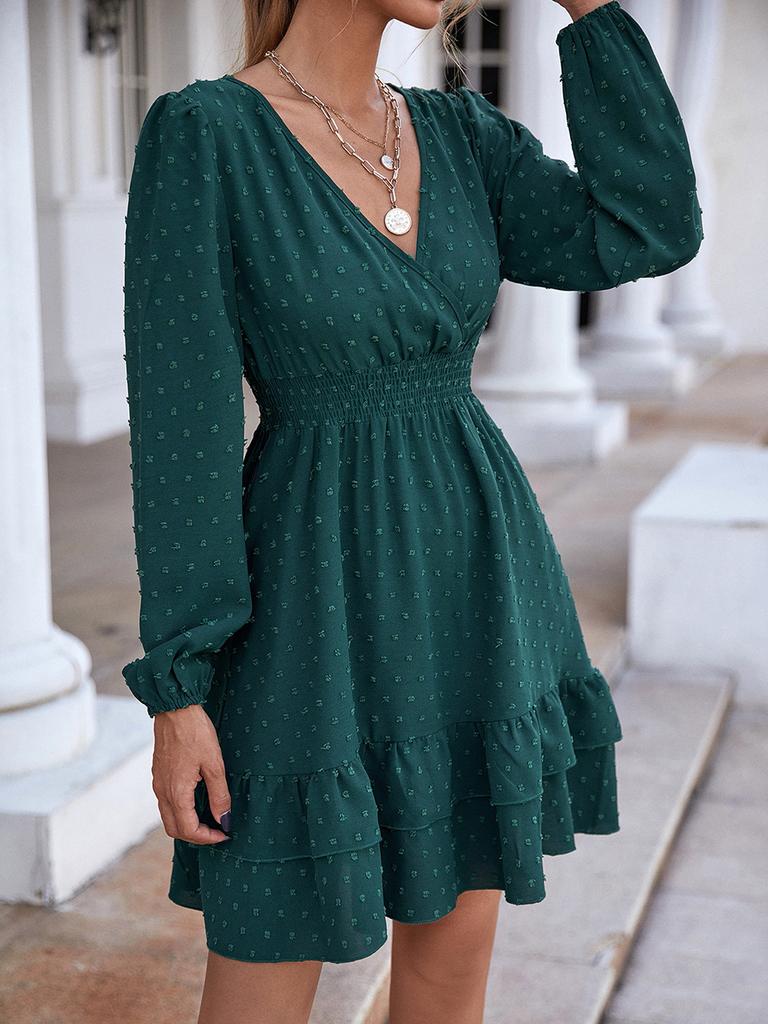 Women V Neck Long Lantern Sleeve Dress, Ruffle Hem A Line Flowy Dress, Elegant Commuter Midi Dress for Spring