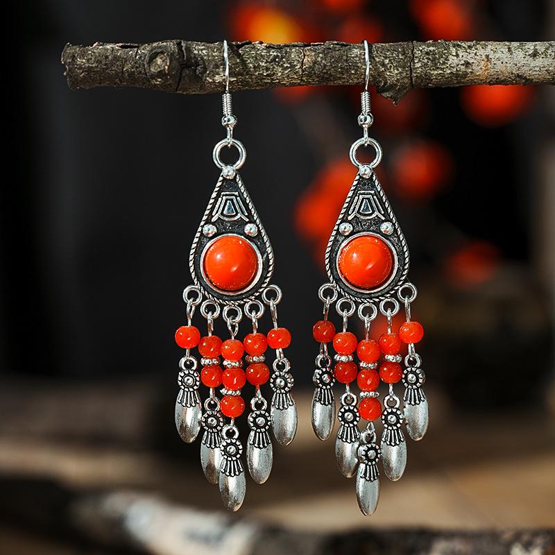Ethnic Vintage Boho Drop Dangle Earrings For Women Water Drop Long Zircon Beads Tassel Female Wedding Bohemian Earrings Gift красный