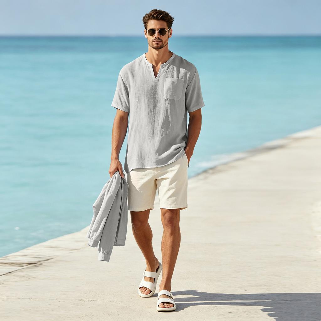 Men's Casual Linen Short Sleeve V-Neck Beach Shirt