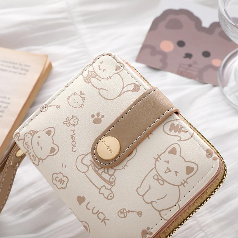 Cartoon Scrawl Cat Short Wallet Women Fashion Coin Purse PU Leather Large Capacity Wallet ID Card Holder Travel Cash Coin Bag