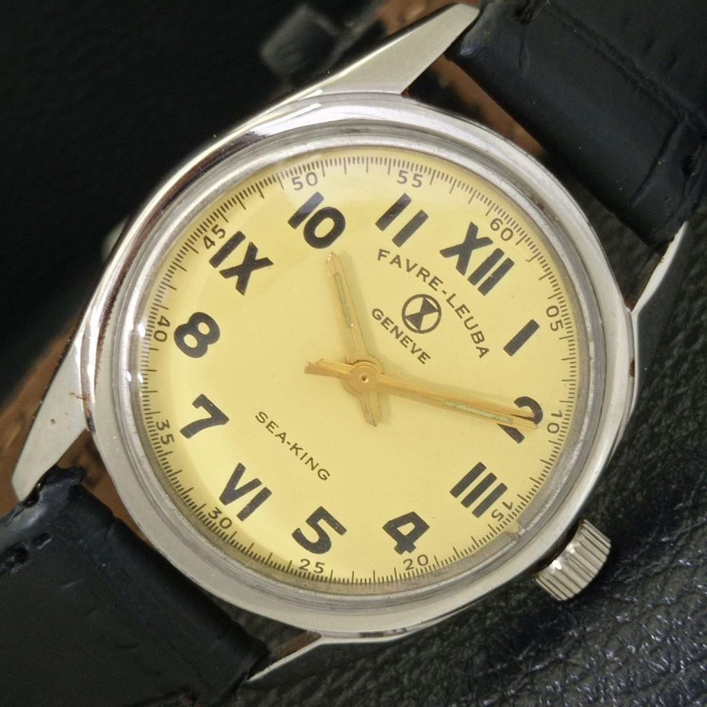 HAND-WINDING VINTAGE FAVRE LEUBA 101 SEA KING SWISS MENS BEIGE WATCH A702012-5 R208-a702012