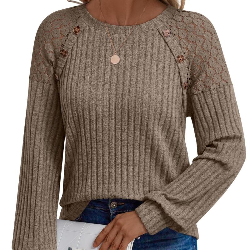 Long Sleeves Women's Round Neck Solid Color Hollow Button Long Sleeve Casual Splicing Top